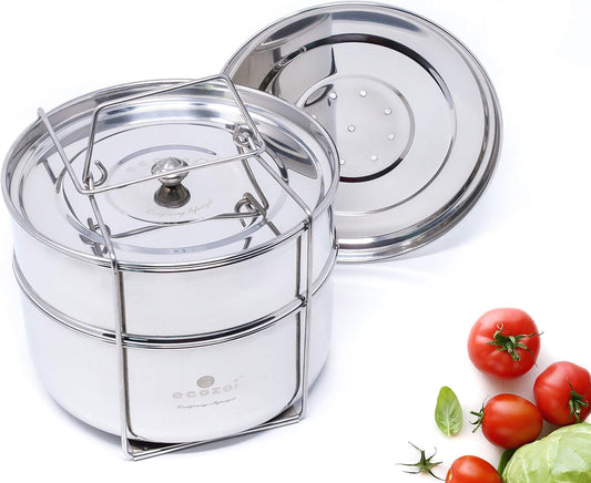 Instant Pot Stackable Insert Pans for 6 & 8 Quart, 3 Tier Steamer Insert Pans for Instant Pot Pressure Cooker, Pot in Pot for Baking, Steaming & Casseroles, 2 Interchangeable Lids and Sling