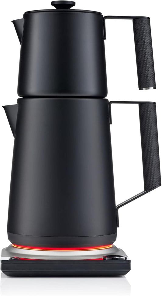 JHBP Electric Turkish Tea Maker Pro, 110V Double Pot Electric Tea Kettle, 304 Stainless Steel BPA Free Turkish Tea Set, LED Indicator, Auto Shut-Off & Boil-Dry Protection, 1.75L, (Matte Black)