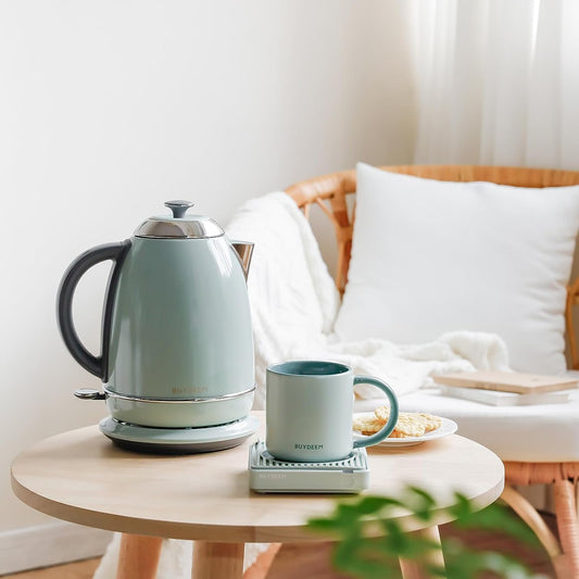 K640 Stainless Steel Electric Tea Kettle with Auto Shut-Off, 1.7L Cordless Hot Water Boiler, Cozy Greenish