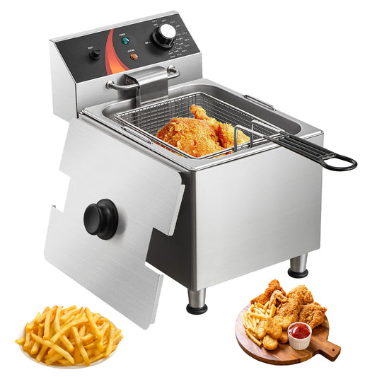 KFFKFF 12Qt 1750W Commercial Electric Deep Fryer, Countertop Design Stainless Steel Deep Fryer with Basket, Adjustable Feet, Temperature Control, Safety Overheat Protection