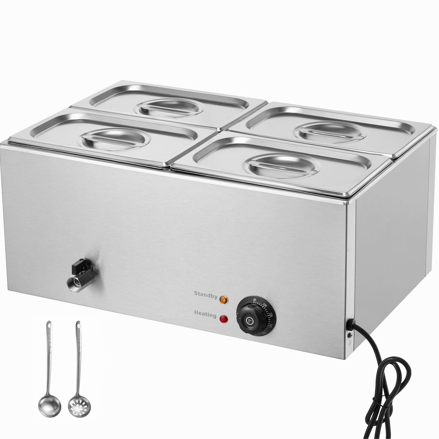 KFFKFF 4-Pan Food Heating Station, 15.9QT Electric Buffet Server, 1200W Countertop Stainless Steel Warmer with Temperature Range of 86-185°F for Professional Catering Services, Silver
