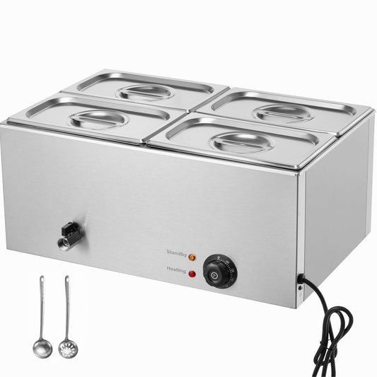 KFFKFF 4-Pan Food Heating Station, 15.9QT Electric Buffet Server, 1200W Countertop Stainless Steel Warmer with Temperature Range of 86-185°F for Professional Catering Services, Silver