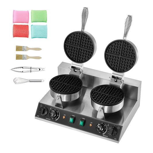 KFFKFF Double Head Commercial Waffle Maker, Round Belgian Waffle Cooking Device, 2460W, Non-Stick, with Temperature and Timer Settings, Ideal for Cafes, Bakeries, Snack Shops, and Home Use