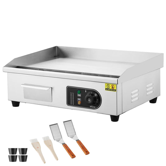 KFFKFF Electric Griddle for Commercial Use, 3200W Countertop Grill, Temperature Range 122?-536?, Dimensions 21.26 x 11.81 x 0.39 inches, Includes Stainless Steel Surface, 2 Shovels, and 2 Brushes