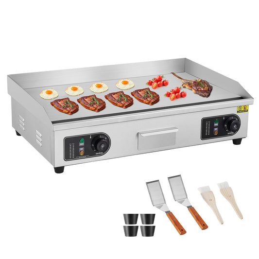 KFFKFF Electric Griddle for Commercial Use, 4400W, Adjustable Temperature from 122℉ to 572℉, Stainless Steel Flat Top Grill, 28.74 x 15.75 x 0.39 inches, Includes 2 Shovels and 2 Brushe