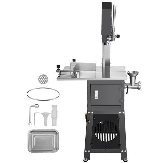 KFFKFF Electric Meat Saw, 850W Stainless Vertical Cutter, 19.1"x15" Table, Cuts 7.09" Thick, Ideal for Frozen Meat, Includes Blade for Ribs, Pork, Beef