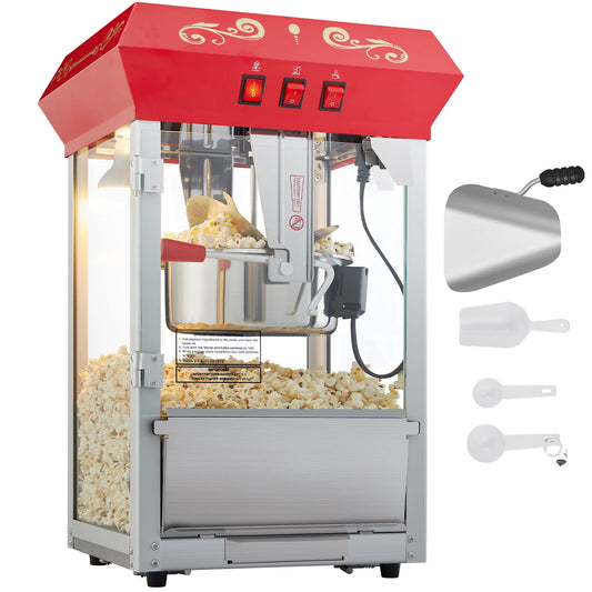 KFFKFF Popcorn Creator, 850W Corn Popping Device, 8 Oz Container Yields 48 Servings per Cycle, Tabletop Popcorn Producer with Reinforced Glass, Comes with 4 Ladles, Cinema Inspired Design, Ruby