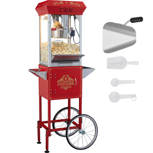 KFFKFF Popcorn Machine with Trolley, 850W Popcorn Cooking Device, 8 Oz Container Produces 48 Servings per Cycle, Popcorn Creator Fitted with Hardened Glass, Comes with 4 Ladles,Ruby