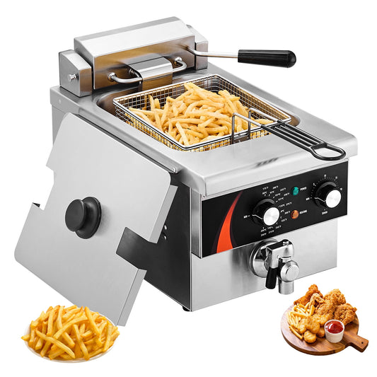KFFKFF Commercial Electric Deep Fryer, 1750W 9Qt /8.5 L Countertop Stainless Steel Oil Fryer with Basket, Adjustable Time & Temperature for Kitchen and Restaurant, Silver