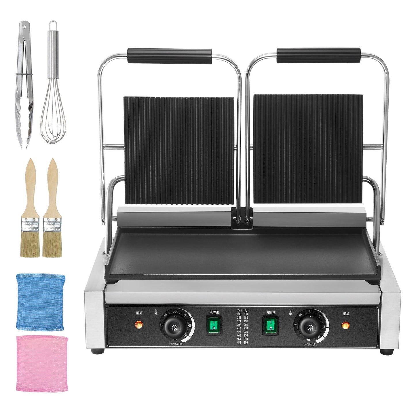 KFFKFF Professional Panini Press, 3600W Electric Sandwich Maker, Dual Stainless Steel Sandwich Grill, Temperature Adjustable with 19"x9" Smooth Enamel Plate for Various Meats