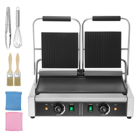 KFFKFF Professional Panini Press, 3600W Electric Sandwich Maker, Dual Stainless Steel Sandwich Grill, Temperature Adjustable with 19"x9" Smooth Enamel Plate for Various Meats