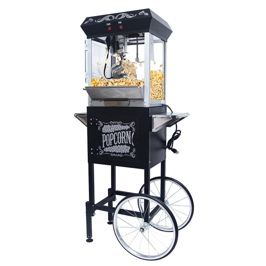 Joqixon Popcorn Machine Maker With 8 Oz Kettle Makes Up to 32 Cups Popcorn Machine Cart Vintage-Style Popper on Wheels Popcorn Machines for Home - Black