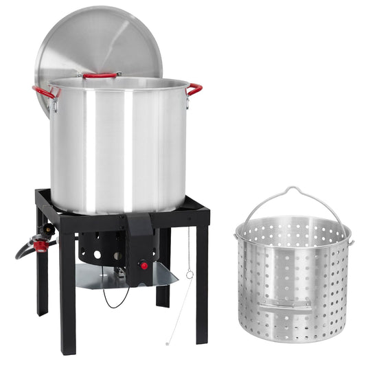 Kselythan 60 Qt Seafood Boil Pot, Aluminum Crawfish Boiling Kit with Steam/Boil Basket & Strainer, 110000 BTU Propane Jet Burner & Lifting Hook, 10 PSI Regulator, Outdoor Cooking Shrimp Crab Boiler
