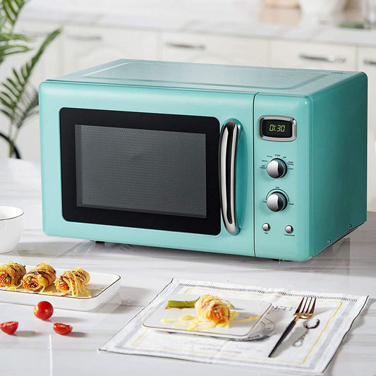 Large 0.9Cu.ft Countertop Microwave Oven, 900-Watt Retro Microwave with Child Safety Lock, Defrost & Auto Cooking Function, LED Display, Glass Turntable (Mint Green)