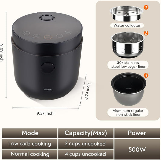 Low Carb Rice Cooker with 2 Cups Uncooked Capacity - Dual Inner Pot Multi-Cooker for Healthy Meals