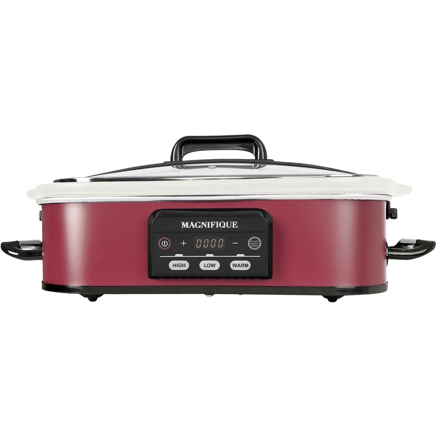 MAGNIFIQUE Small 4 Quart Casserole Programmable Slow Cooker with Ceramic Baking Dish - Perfect Kitchen Small Appliance for Family Dinners, Oven Safe and Durable Bakeware for Lasagna, Roasts (Red)