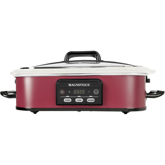 MAGNIFIQUE Small 4 Quart Casserole Programmable Slow Cooker with Ceramic Baking Dish - Perfect Kitchen Small Appliance for Family Dinners, Oven Safe and Durable Bakeware for Lasagna, Roasts (Red)