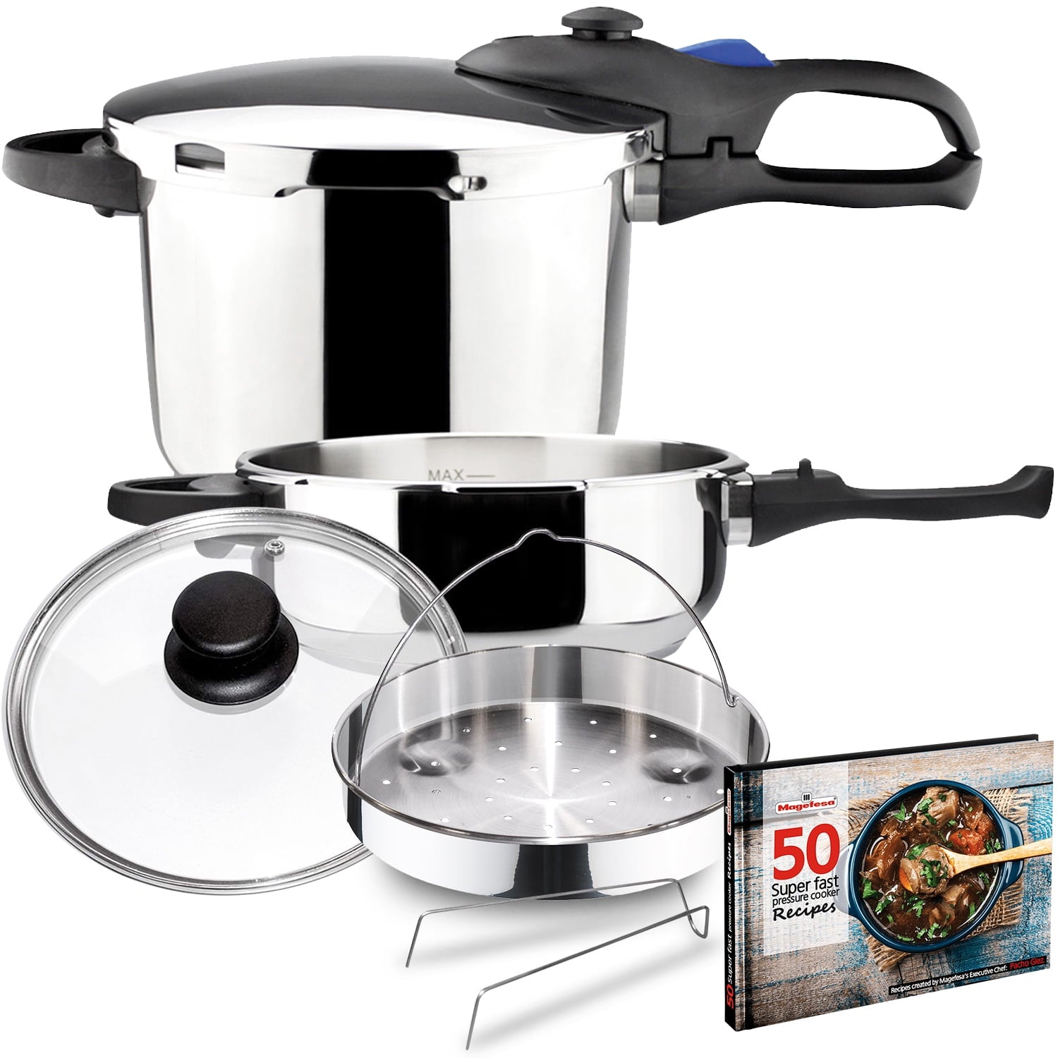 MAGEFESA Favorit Six Fast-Cooking Pressure Cooker Set, 3.2 Qt & 6.3 Qt, Stainless Steel, Induction Compatible, Heat Diffuser Base, 5 Safety Systems – Special Edition (Steam Basket, Lid & Recipe Book)
