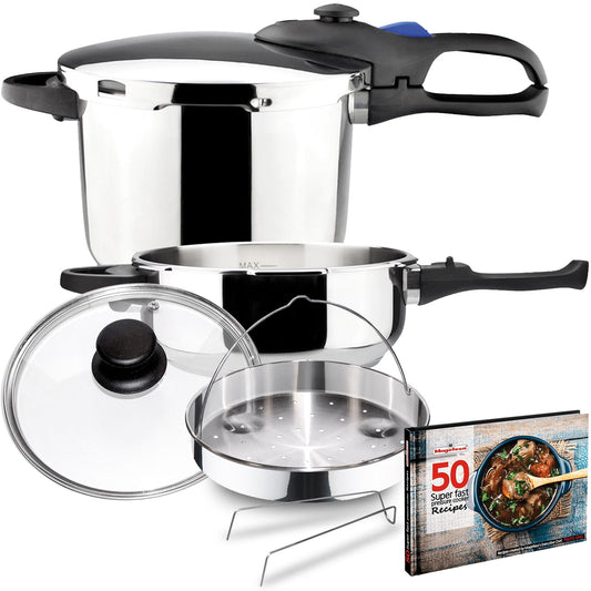 MAGEFESA Favorit Six Fast-Cooking Pressure Cooker Set, 3.2 Qt & 6.3 Qt, Stainless Steel, Induction Compatible, Heat Diffuser Base, 5 Safety Systems – Special Edition (Steam Basket, Lid & Recipe Book)