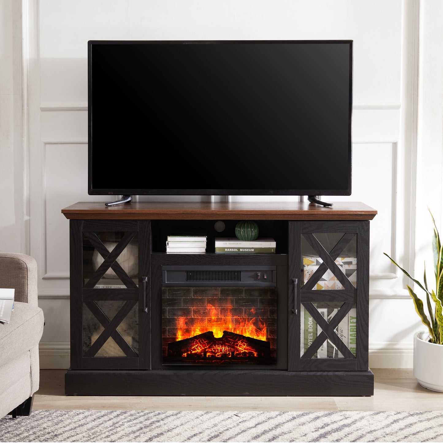 Mainstays Farmhouse Fireplace TV Stand for TVs up to 55", off White/Walnut