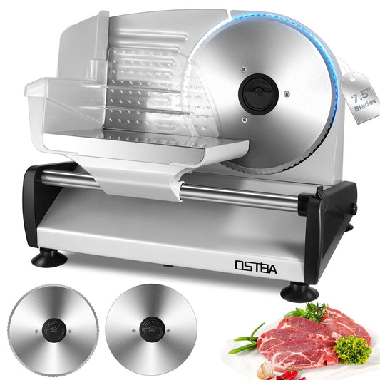 Meat Slicer 200W Electric Deli Food Slicer with 2 Removable 7.5" Stainless Steel Blade, Adjustable Thickness Meat Slicer for Home Use, Child Lock Protection, Easy to Clean, Cuts Meat, Bread and Cheese