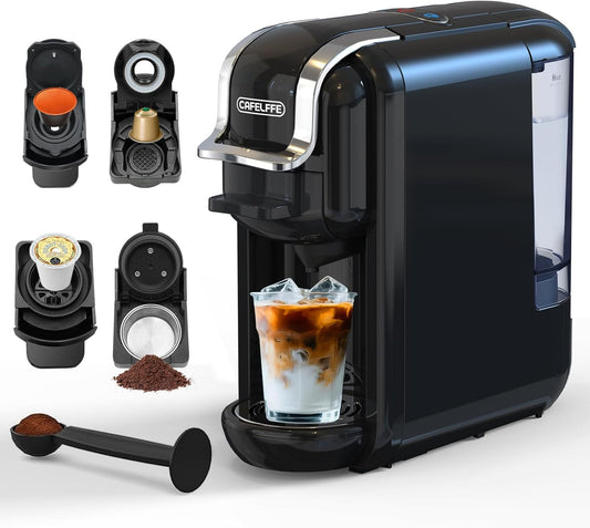 Mini Pod Coffee Maker, 4 in 1 Hot/Cold Single Serve Espresso Machine, Compatible with K Cup Pods, Nes Original,DG Capsules and Ground Coffee, Fast Brew