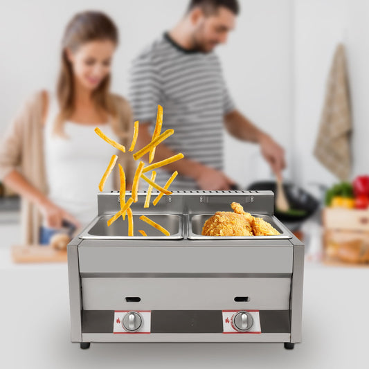 Miumaeov LPG Gas Deep Fryer 2 Burners Commercial Countertop Deep Gas Fryer Natural Gas Food Warmer Stainless Steel 12L for French Fries Restaurant Home Kitchen