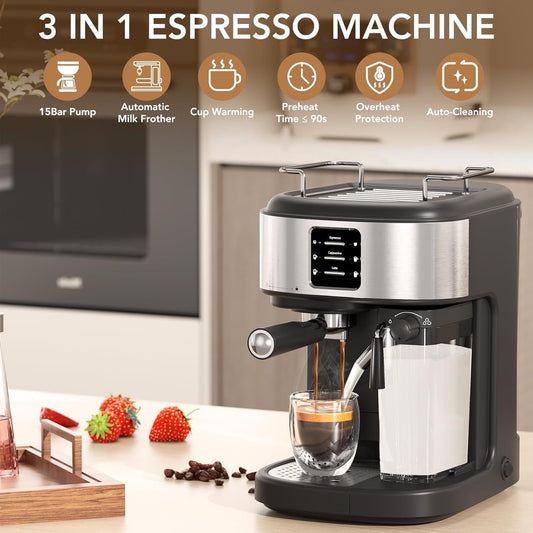 Moifoi 20 Bar Pressure Coffee Machine,Stainless Steel Automatic Coffee Maker with Milk Frothing System,57oz Removable Water Tank and 16oz Removable Milk Tank,Black