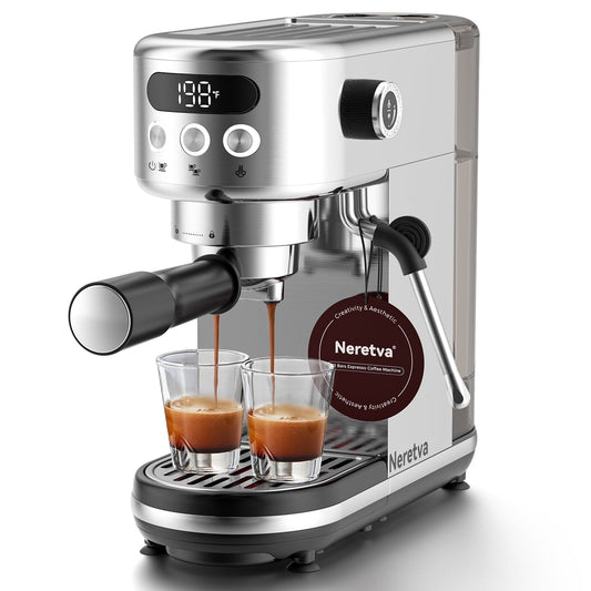Neretva 20 Bar Espresso Machine Super Compact Espresso Maker with LED Display & Milk Frother for Home Barista - Stainless Steel