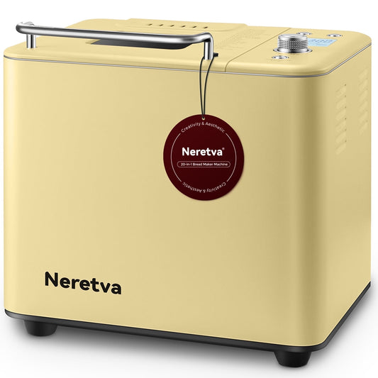 Neretva Bread Maker, 20-in-1 Automatic Bread Machine with Dual Heaters, 2LB Ceramic Pan, Stainless Steel, Yellow