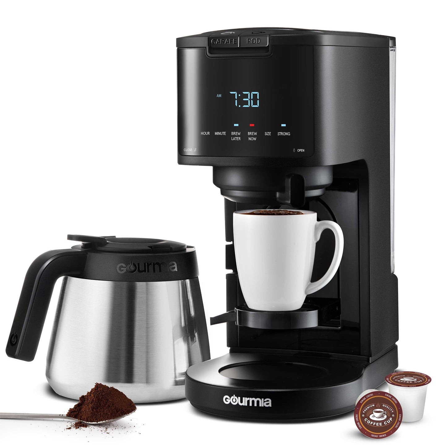 New Gourmia Single Serve + 12 Cup Drip Coffee Maker, Thermal Carafe
