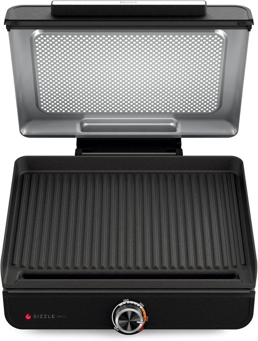 Ninja Sizzle GR100 Smokeless Indoor Grill, 500°F High Heat Kitchen Grill with Nonstick 14-Inch Plate, Low-Smoke Technology, Edge-to-Edge Heating, Family-Sized Capacity, Countertop Cooking Tool