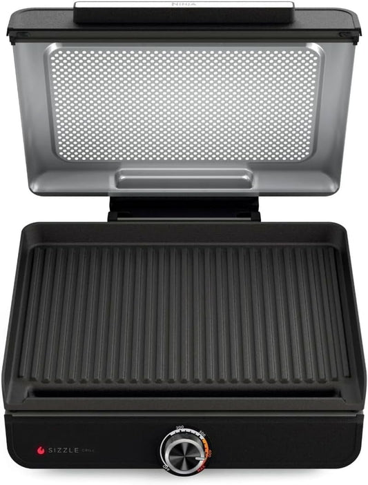 Ninja Sizzle Indoor Grill, 500°F High Heat Kitchen Grill with Nonstick 14 Inch Plate, Low-Smoke Technology, Edge-to-Edge Heating, Family-Sized Capacity, Countertop Cooking Tool (GR100)