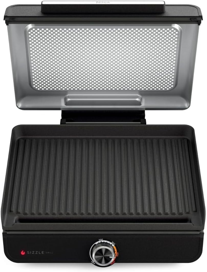 Ninja Sizzle Indoor Grill GR100, Smokeless Countertop Electric Grill, 500°F High-Heat, 14” Nonstick Grill Plate, Even Edge-to-Edge Cooking, Easy Cleanup