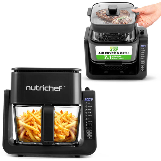 NutriChef 4 QT Air Fryer & Grill | 7-1 Preset Cook Modes | Transparent Fry Bowl for Best Cooking Results | Cook Shrimp, Steak, Fries, Wings & More | 4 QT Glass Air Fryer & 1.2 QT Grill | Black