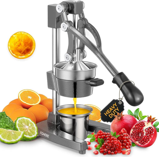 Orange Juicer Squeezer, Cast Iron Lemon Squeezer, Commercial Citrus Juicer Hand Press for Orange, Lemon, Pomegranate, Easy to Clean Citrus Squeezer with a Stainless Steel Cup, Grey