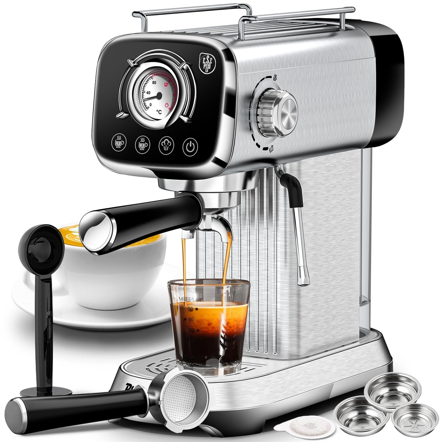 Plum Chef Espresso Machine, 20 Bar Espresso & Cappuccino Maker with with Thermometer, ESE POD Capsules Filter & Milk Frother Steam Wand, 0.8L Water Tank, Stainless steel
