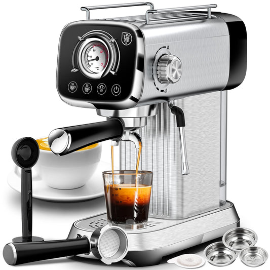 Plum Chef Espresso Machine, 20 Bar Espresso & Cappuccino Maker with with Thermometer, ESE POD Capsules Filter & Milk Frother Steam Wand, 0.8L Water Tank, Stainless steel