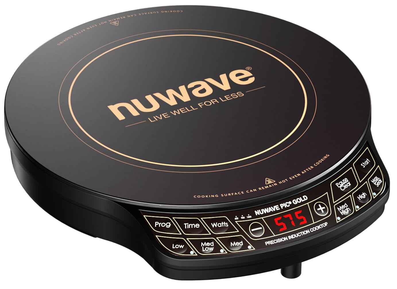 Precision Induction Cooktop Gold, 12” Shatter-Proof Ceramic Glass Surface, Large 8” Heating Coil, Portable, 51Temp Settings 100°F to 575°F, 3 Wattage Settings 600, 900, and 1500 Watts