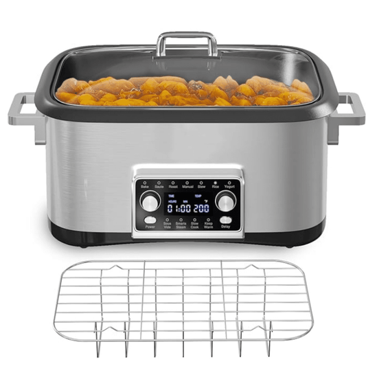 Programmable 8 Quart Slow Cooker, 12 in 1 Multi-Cooker Food Warmer with Digital Timer, Temp Control, Removable Cast Aluminum Pot & Dishwasher-Safe Tempered Glass Lid, Stainless Steel
