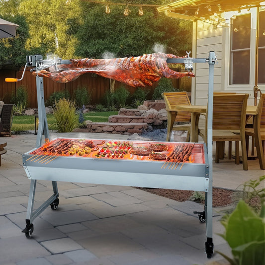 QAUSOU Outdoor Rotisserie Grill Pig Lamb Rotisserie Roaster 132LBS/60KG Stainless Steel Charcoal Spit Rotisserie Roaster Grill