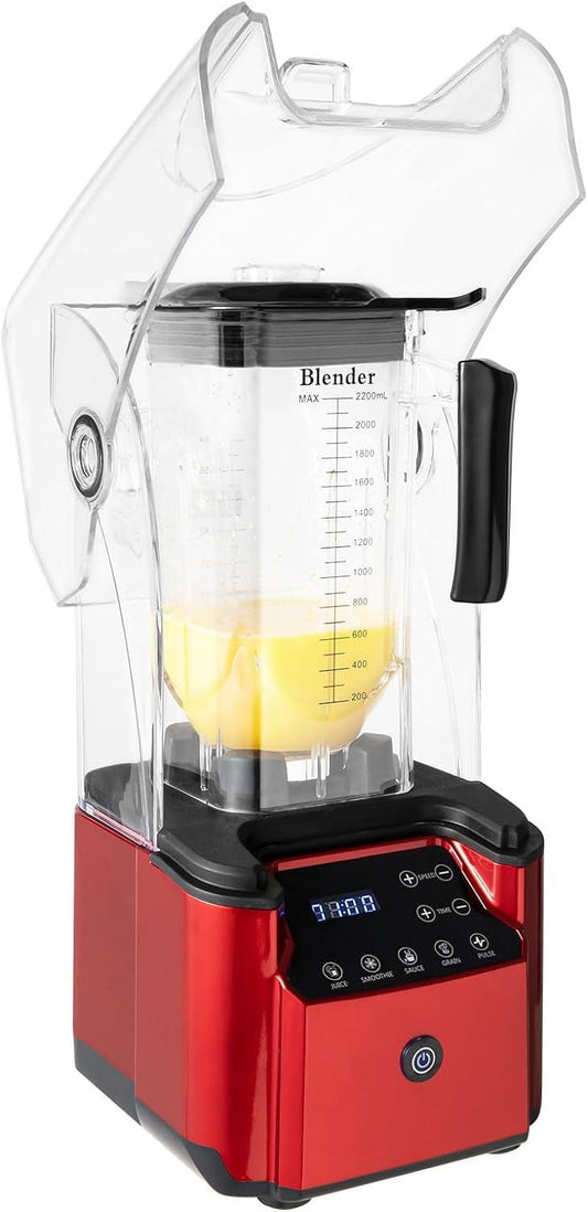 Quiet Commercial Blender with Soundproof Shield, 2200 Watt Professional Blenders for Kitchen with 80oz Pitcher, High-Speed Blenders for Ice Crushing and Smoothies (2.2L, Red)