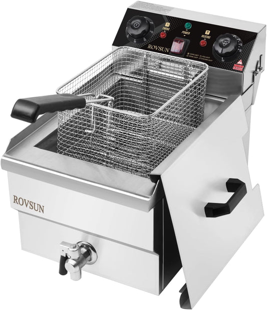 ROVSUN 12.5QT Electric Deep Fryer w/Frying Basket, Timer, Drain, & Lid, Stainless Steel Commercial Countertop Single Tank Oil Fryer, Adjustable Temperature, for French Fries Onion Rings, 1700W