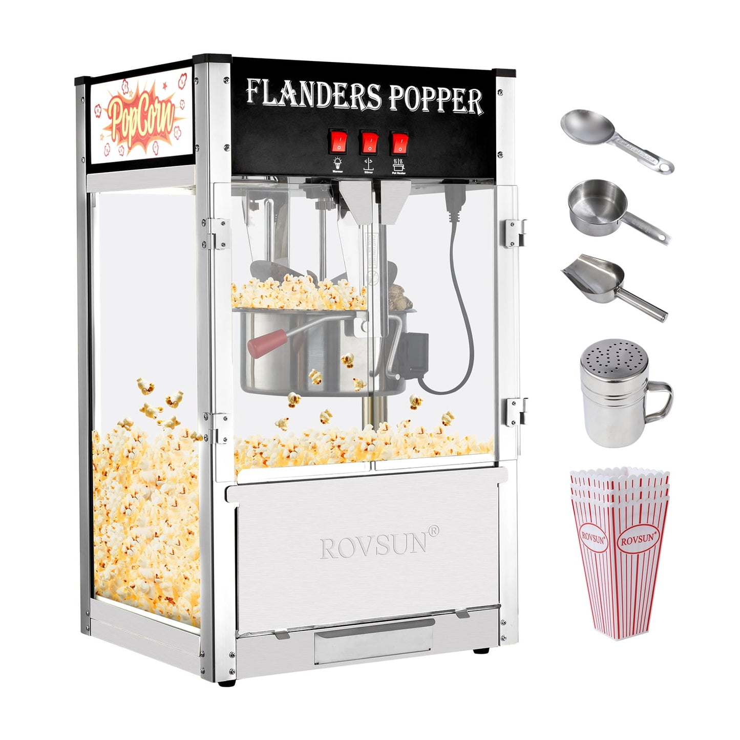 ROVSUN Popcorn Machine with 12 Ounce Kettle Makes Up to 80 Cups, Countertop Popcorn Maker Commercial Popcorn Machine w/ Stainless Steel Scoop, Oil Spoon & 3 Popcorn Cups for Home Movie Theater, Red