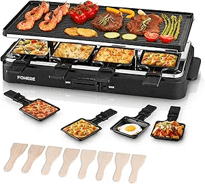 FOHERE Raclette Grill 8 Person, 2 in 1 Raclette Table Grill Indoor, 1500W Plastic