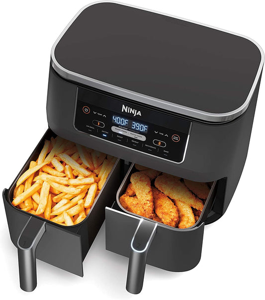 Restored Ninja DZ201 Foodi 6-in-1 2-Basket Air Fryer with DualZone Technology, 8-Quart Capacity, and a Dark Grey Stainless Finish (Refurbished)