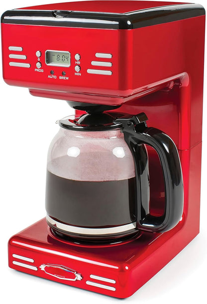 Retro 12-Cup Programmable Coffee Maker With LED Display, Automatic Shut-Off & Keep Warm, Pause-And-Serve Function, Red