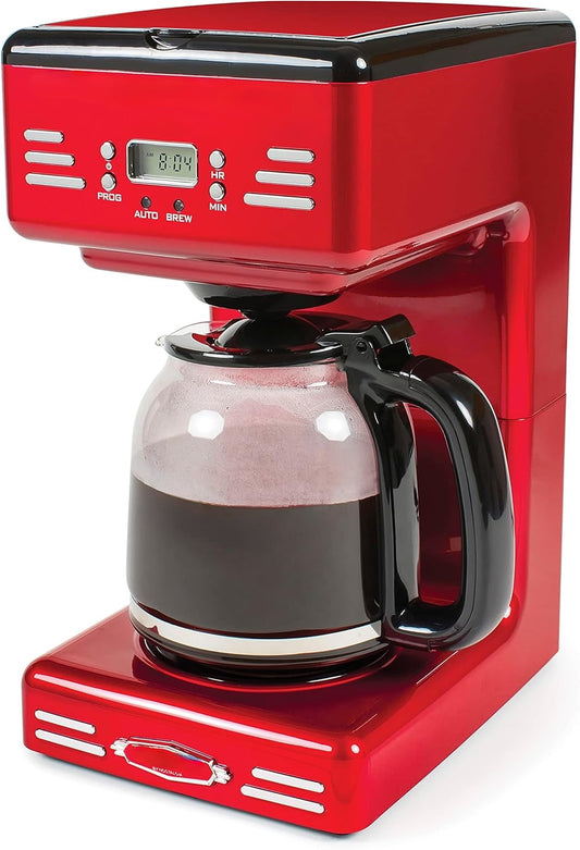 Retro 12-Cup Programmable Coffee Maker With LED Display, Automatic Shut-Off & Keep Warm, Pause-And-Serve Function, Red