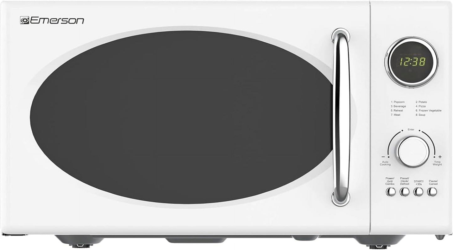 Retro Compact Countertop Microwave Oven with 800W Microwave & 1,000W Grill, LED Display, 5 Power Levels, 8 Auto Menus, Glass Turntable, Child Safe Lock, 0.9 Cu. Ft, White
