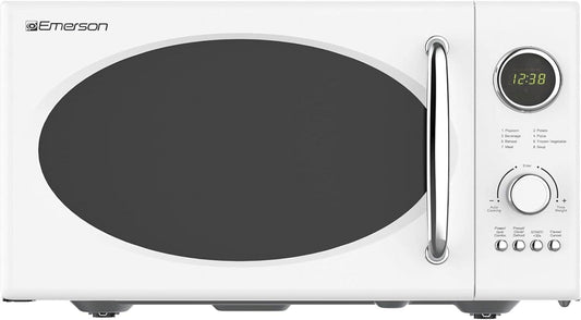 Retro Compact Countertop Microwave Oven with 800W Microwave & 1,000W Grill, LED Display, 5 Power Levels, 8 Auto Menus, Glass Turntable, Child Safe Lock, 0.9 Cu. Ft, White